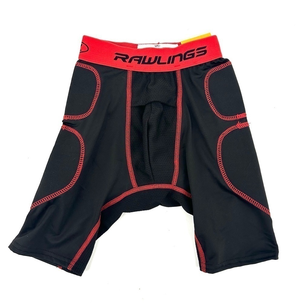 NWT Rawlings Youth Small Baseball Sliding Shorts Padded Sides Black Red Pull On